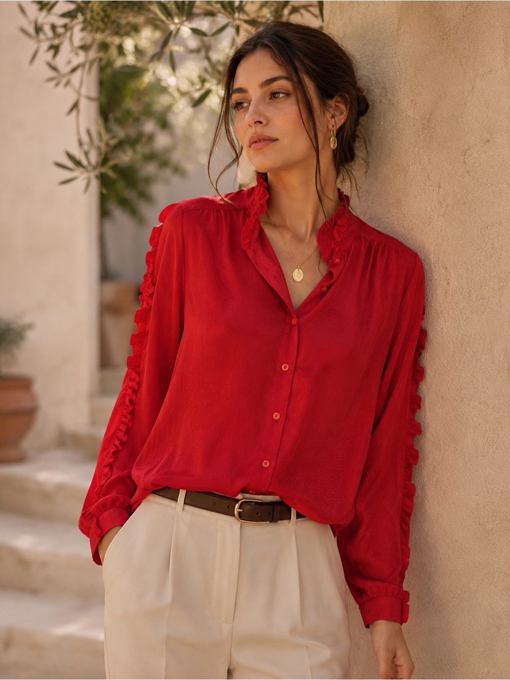 760. Red Ruffle-Trim Button Front Blouse - Women
